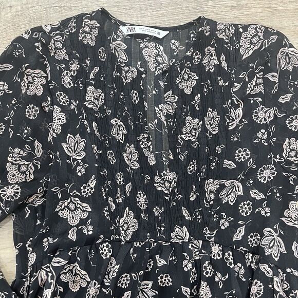 Zara Floral Print Knee Length Sheer Fabric Minidress With Long Sleeve Med ... - Picture 2 of 8